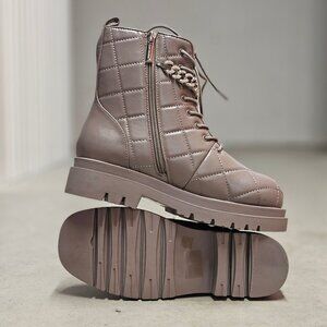 Quilted Faux Leather Lace-Up Combat Boots With Chain Accent Taupe Color